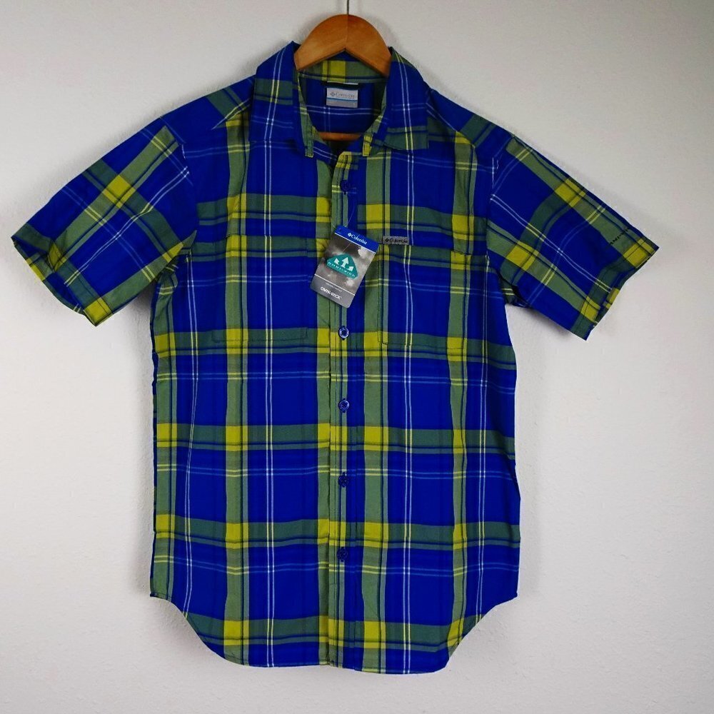 Columbia Short Sleeve Shirt Men's Size S Blue Plaid Button Front Eagle Ray